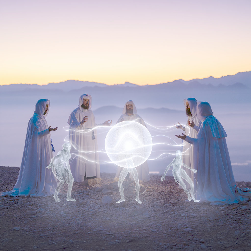 Ritual de Protección Espiritual: Un círculo de oración trayendo paz divina en medio del caos dimensional